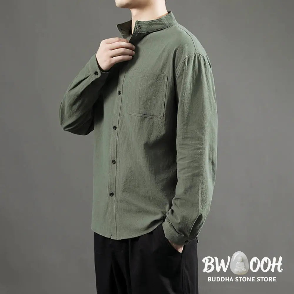 Buddha Stones Men’s Long Sleeve Shirt With Pocket Stand Collar Comfort Linen Shirt - Men’s Shirts