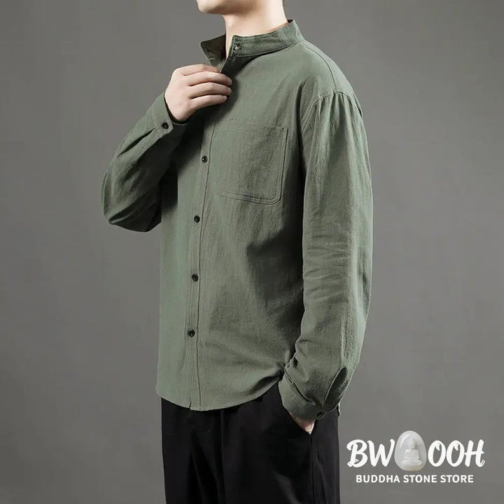 Buddha Stones Men’s Long Sleeve Shirt With Pocket Stand Collar Comfort Linen Shirt - Men’s Shirts