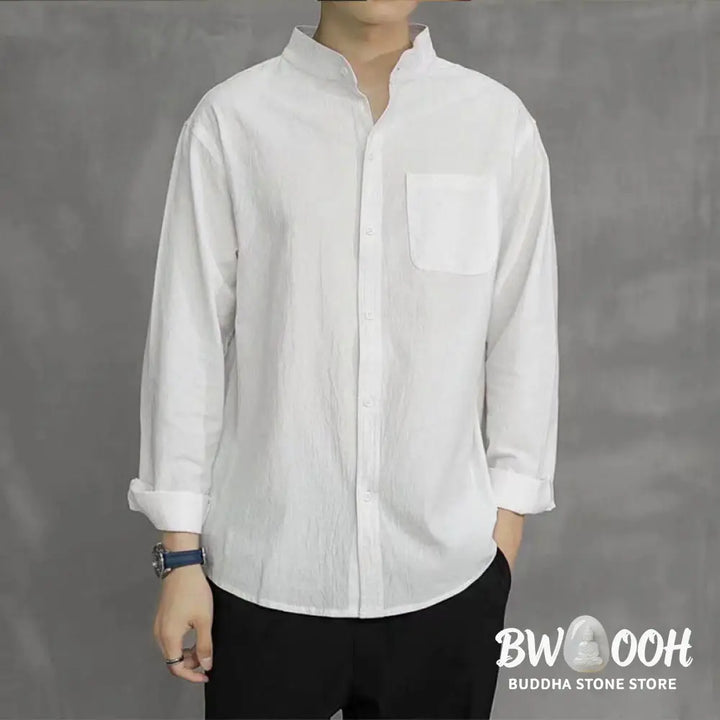 Buddha Stones Men’s Long Sleeve Shirt With Pocket Stand Collar Comfort Linen Shirt - Men’s Shirts