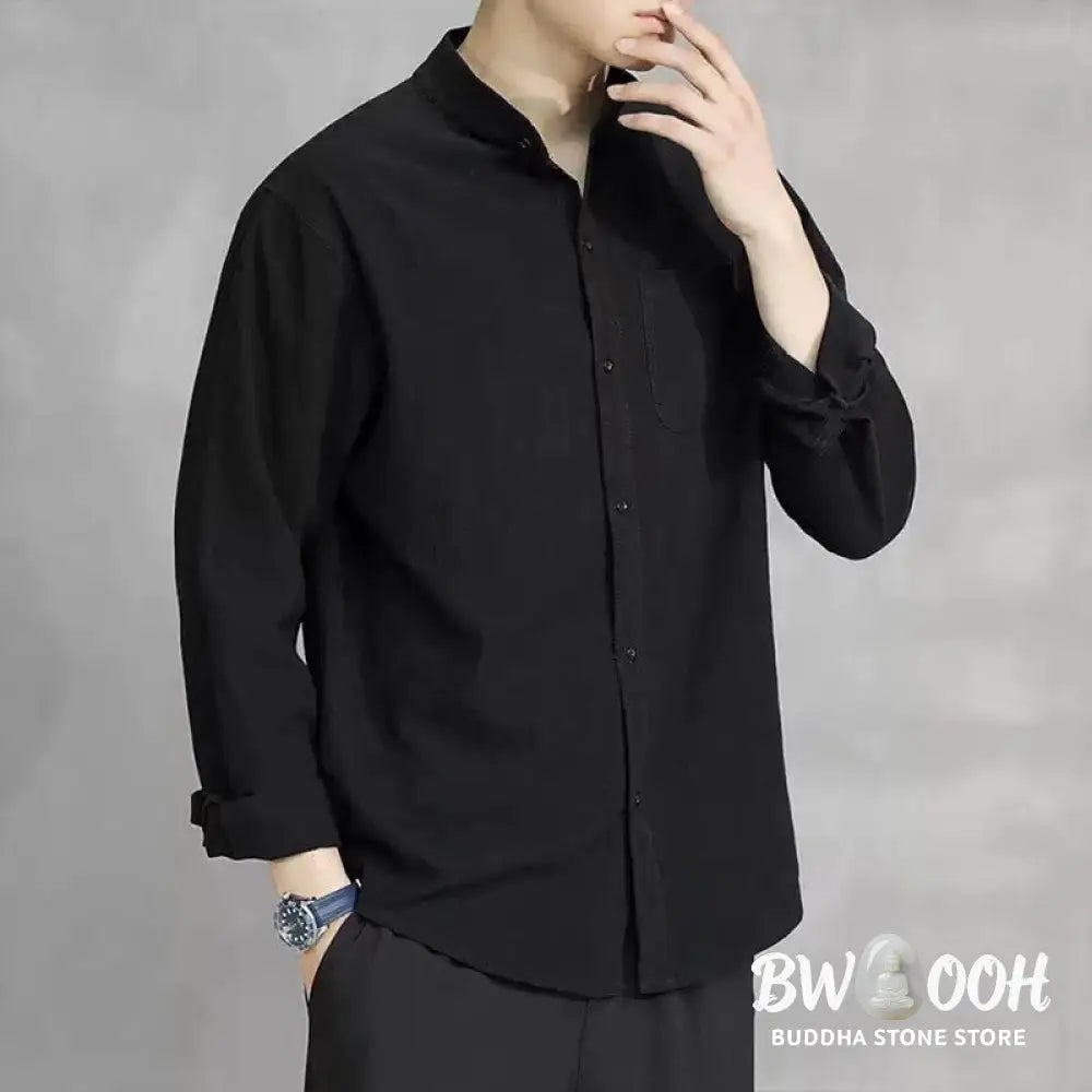 Buddha Stones Men’s Long Sleeve Shirt With Pocket Stand Collar Comfort Linen Shirt - Men’s Shirts