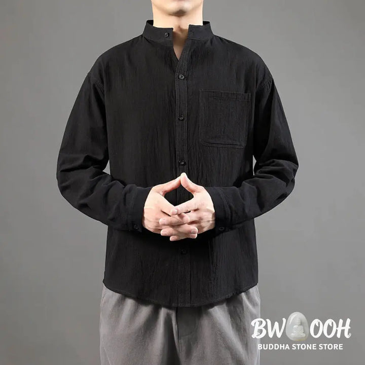 Buddha Stones Men’s Long Sleeve Shirt With Pocket Stand Collar Comfort Linen Shirt - Men’s Shirts