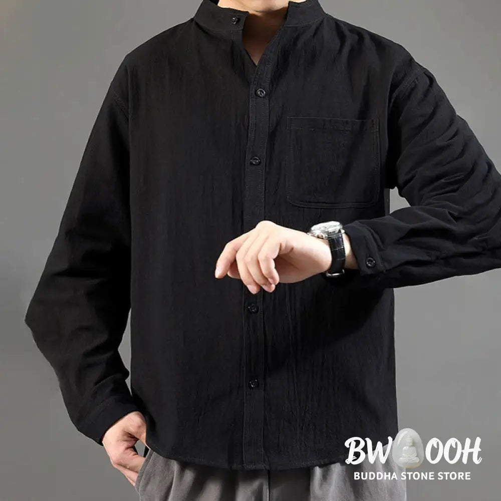 Buddha Stones Men’s Long Sleeve Shirt With Pocket Stand Collar Comfort Linen Shirt - Men’s Shirts