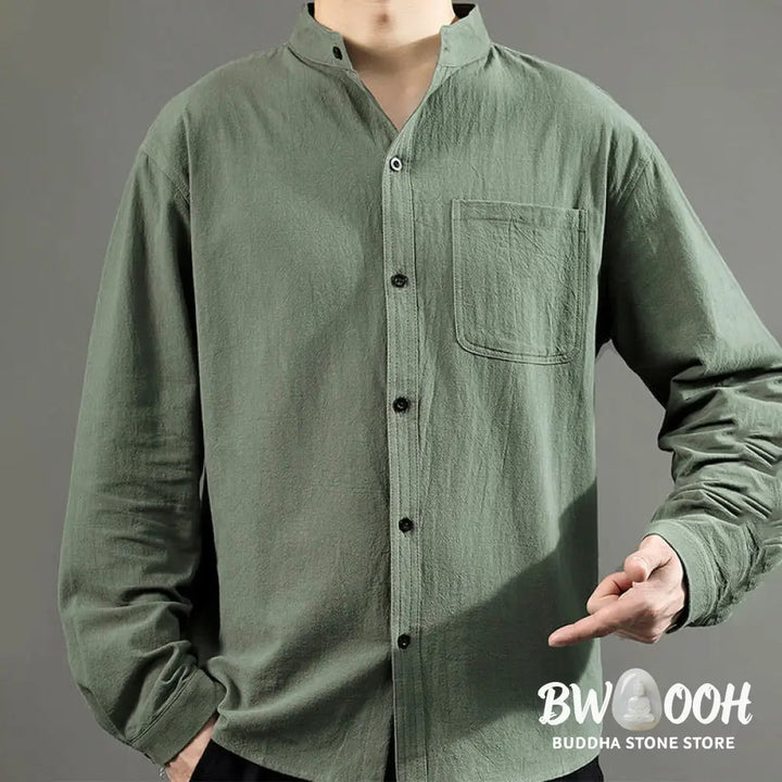 Buddha Stones Men’s Long Sleeve Shirt With Pocket Stand Collar Comfort Linen Shirt - Men’s Shirts