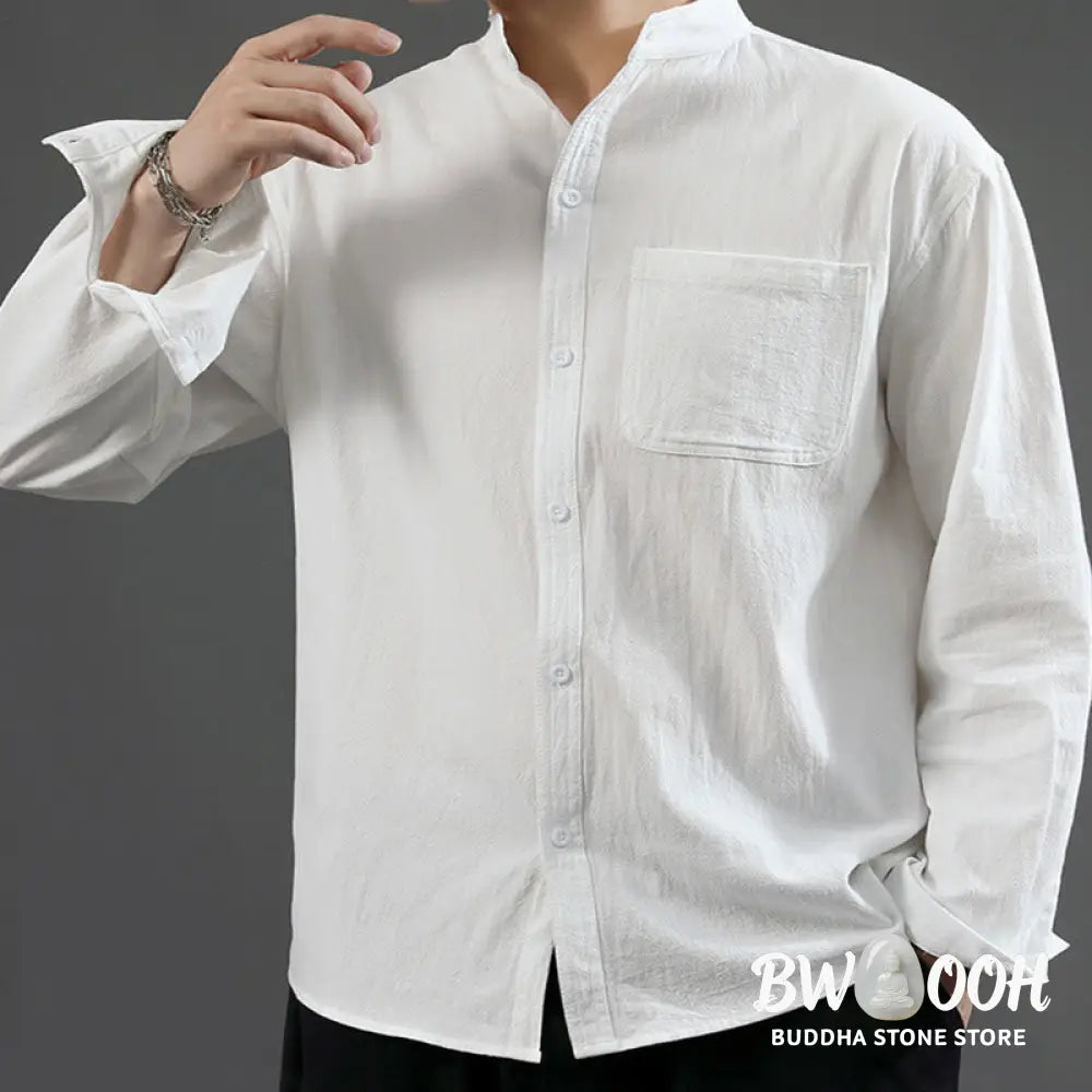 Buddha Stones Men’s Long Sleeve Shirt With Pocket Stand Collar Comfort Linen Shirt - Men’s Shirts