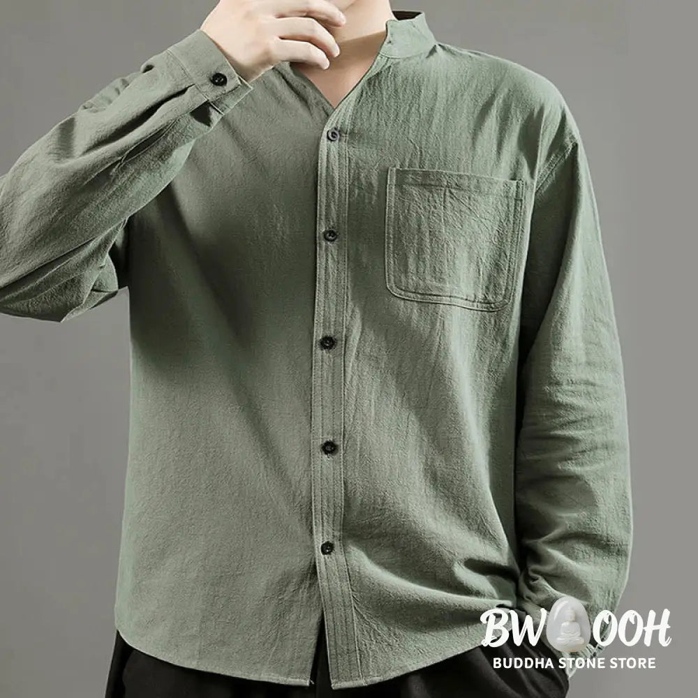 Buddha Stones Men’s Long Sleeve Shirt With Pocket Stand Collar Comfort Linen Shirt - Men’s Shirts