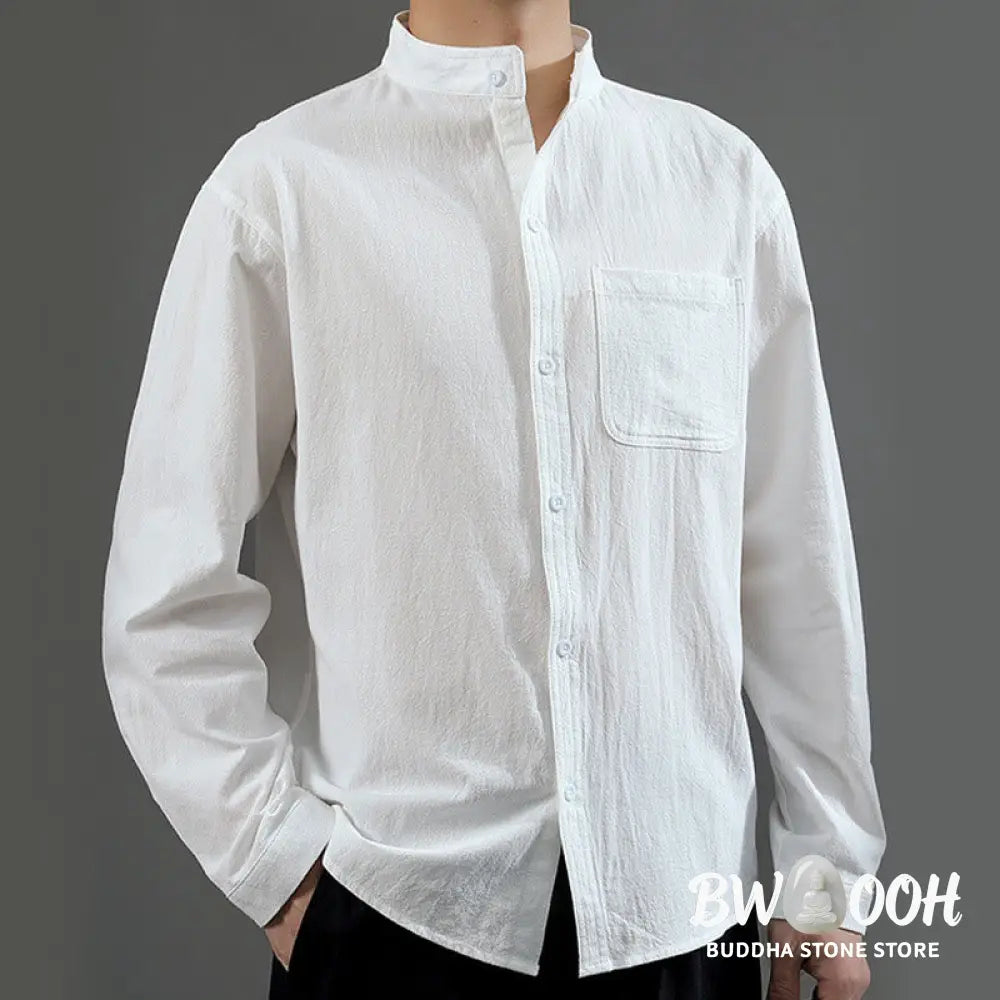 Buddha Stones Men’s Long Sleeve Shirt With Pocket Stand Collar Comfort Linen Shirt - Men’s Shirts