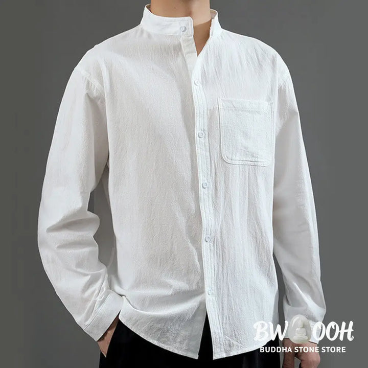 Buddha Stones Men’s Long Sleeve Shirt With Pocket Stand Collar Comfort Linen Shirt - Men’s Shirts