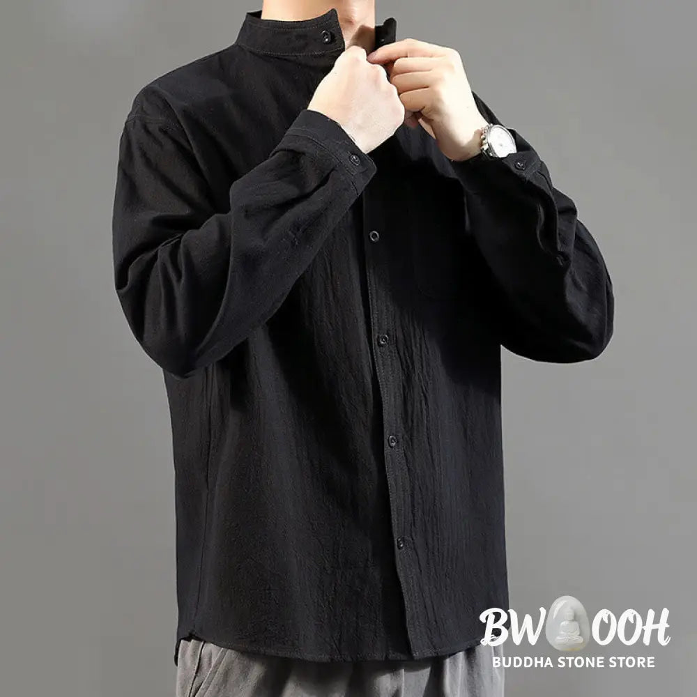 Buddha Stones Men’s Long Sleeve Shirt With Pocket Stand Collar Comfort Linen Shirt - Men’s Shirts