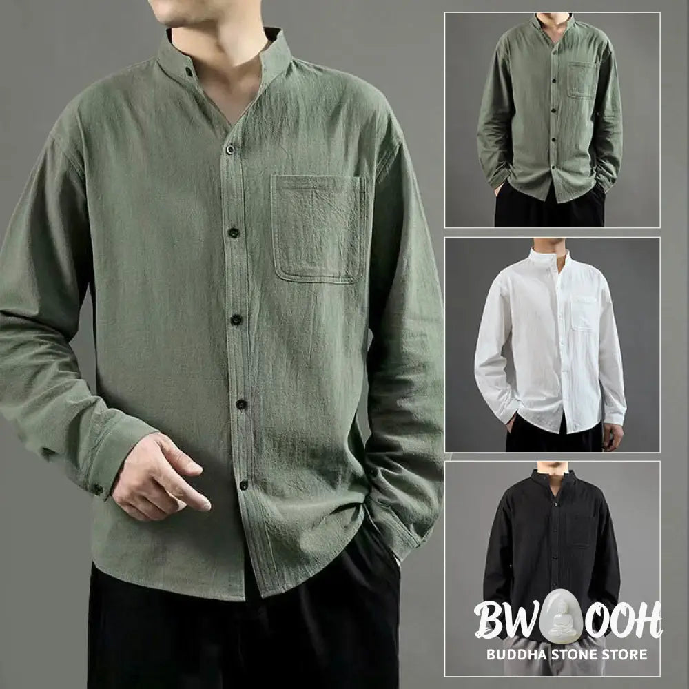 Buddha Stones Men’s Long Sleeve Shirt With Pocket Stand Collar Comfort Linen Shirt - Men’s Shirts