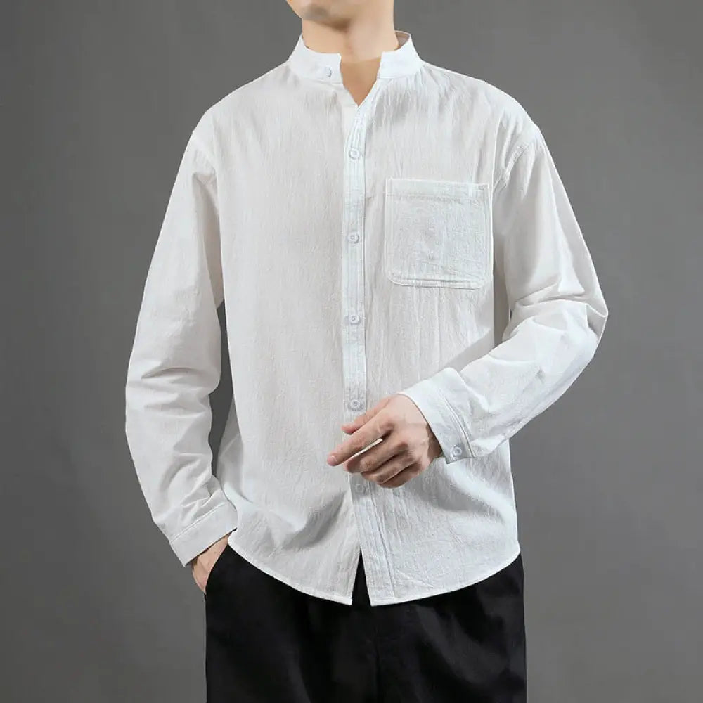 Buddha Stones Men’s Long Sleeve Shirt With Pocket Stand Collar Comfort Linen Shirt - White / US/UK/AU34，EU44 (M)
