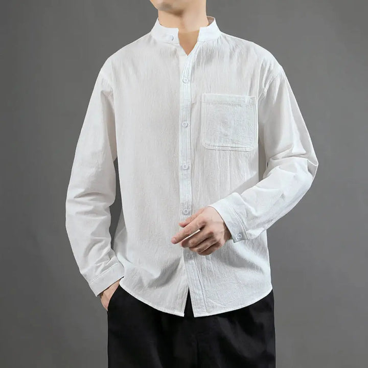 Buddha Stones Men’s Long Sleeve Shirt With Pocket Stand Collar Comfort Linen Shirt - White / US/UK/AU34，EU44 (M)