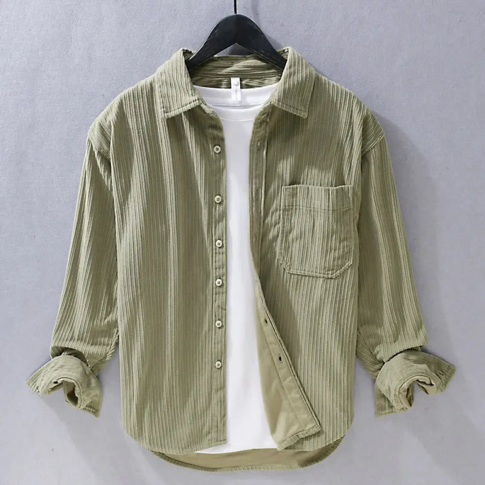 Buddha Stones Men’s Long Sleeve Turn-down Collar With Pocket Corduroy Casual Shirt - DarkKhaki / US/UK/AU34，EU44 (M)