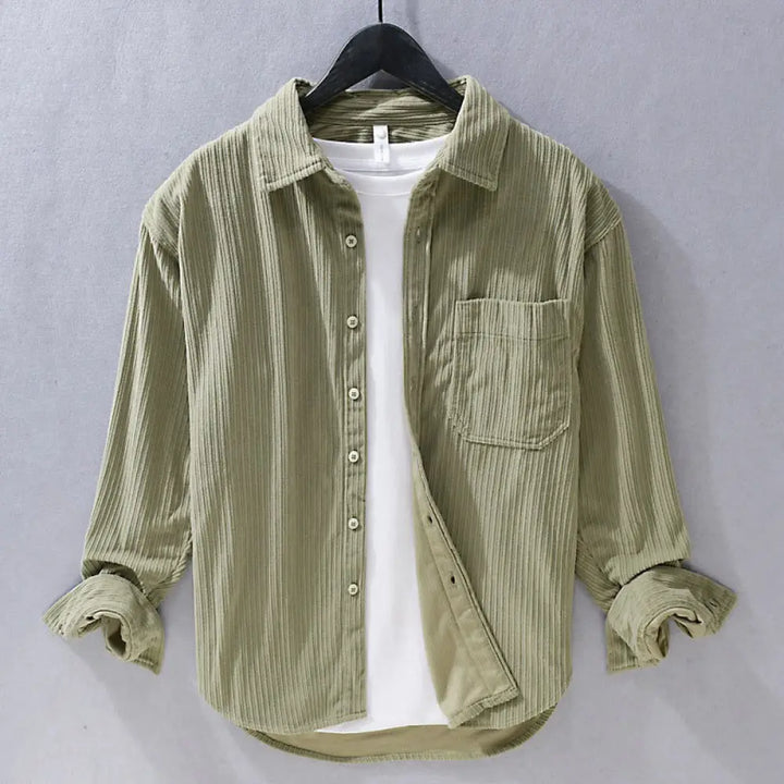 Buddha Stones Men’s Long Sleeve Turn-down Collar With Pocket Corduroy Casual Shirt - DarkKhaki / US/UK/AU34，EU44 (M)