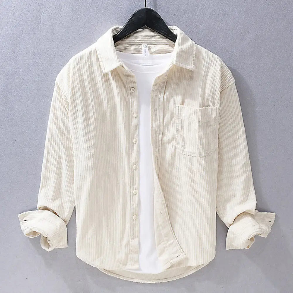 Buddha Stones Men’s Long Sleeve Turn-down Collar With Pocket Corduroy Casual Shirt - Ivory / US/UK/AU34，EU44 (M)