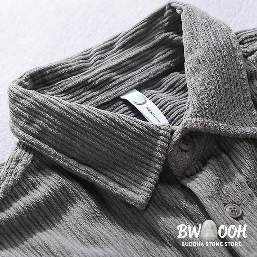 Buddha Stones Men’s Long Sleeve Turn-down Collar With Pocket Corduroy Casual Shirt - Men’s Shirts