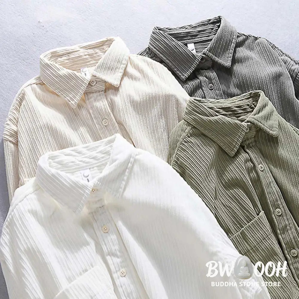 Buddha Stones Men’s Long Sleeve Turn-down Collar With Pocket Corduroy Casual Shirt - Men’s Shirts