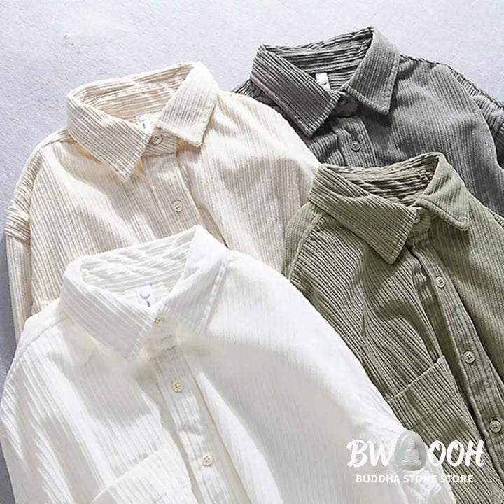 Buddha Stones Men’s Long Sleeve Turn-down Collar With Pocket Corduroy Casual Shirt - Men’s Shirts