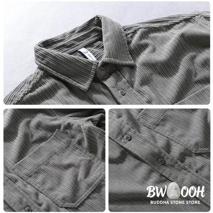 Buddha Stones Men’s Long Sleeve Turn-down Collar With Pocket Corduroy Casual Shirt - Men’s Shirts