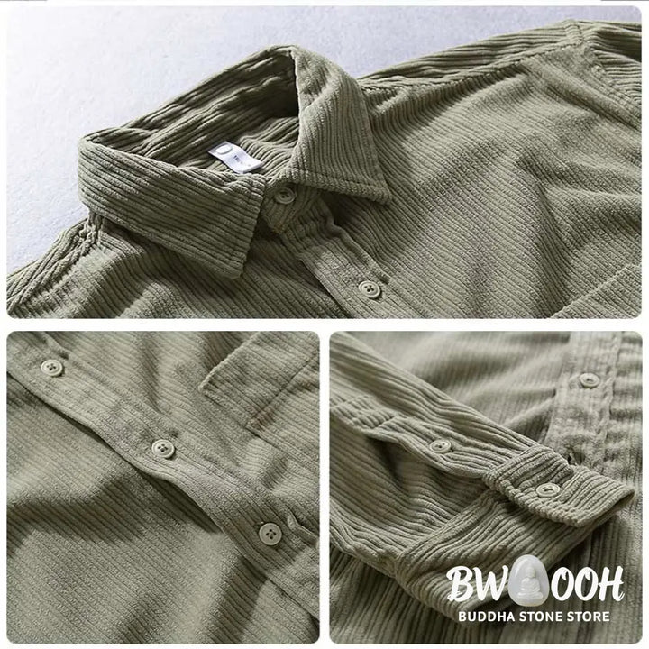 Buddha Stones Men’s Long Sleeve Turn-down Collar With Pocket Corduroy Casual Shirt - Men’s Shirts