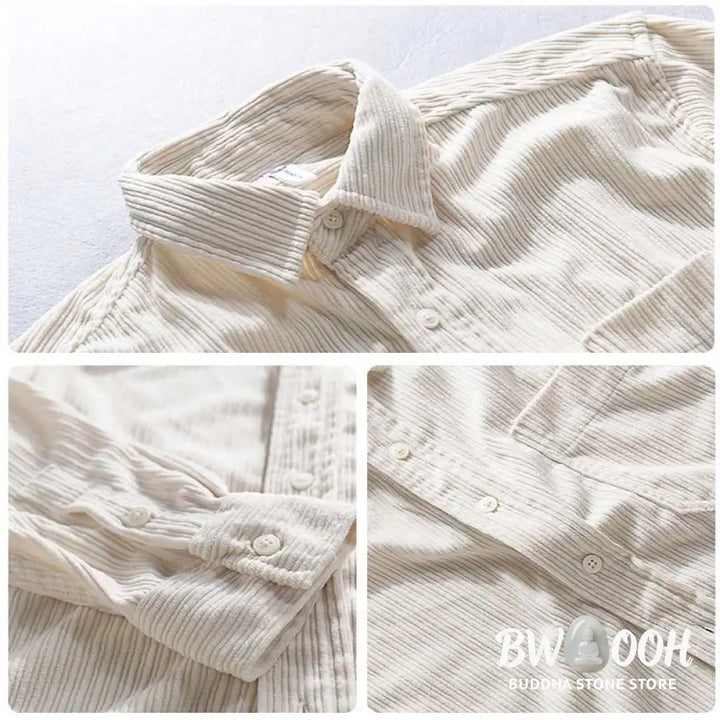 Buddha Stones Men’s Long Sleeve Turn-down Collar With Pocket Corduroy Casual Shirt - Men’s Shirts