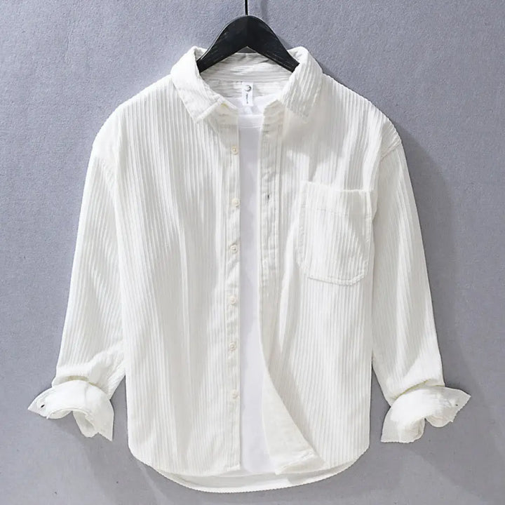Buddha Stones Men’s Long Sleeve Turn-down Collar With Pocket Corduroy Casual Shirt - White / US/UK/AU34，EU44 (M)