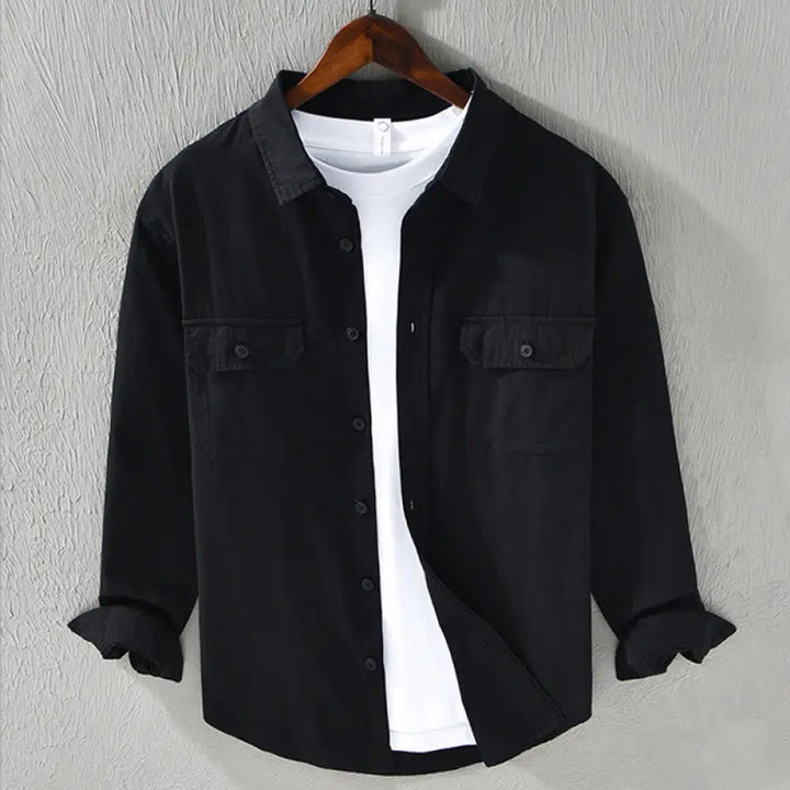 Buddha Stones Men’s Long Sleeve Turn-down Collar With Pocket Pure Color Casual Cotton Shirt - Black / US/UK/AU34，EU44