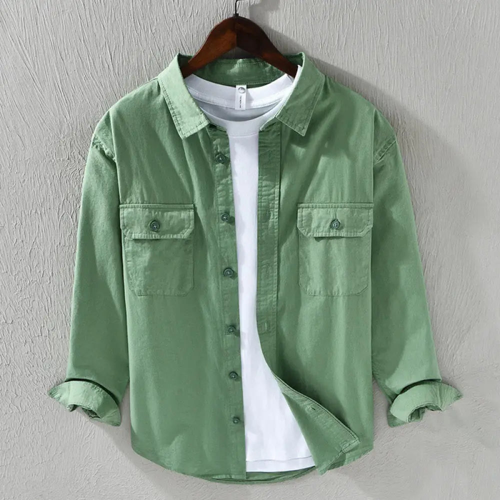 Buddha Stones Men’s Long Sleeve Turn-down Collar With Pocket Pure Color Casual Cotton Shirt - MediumSeaGreen