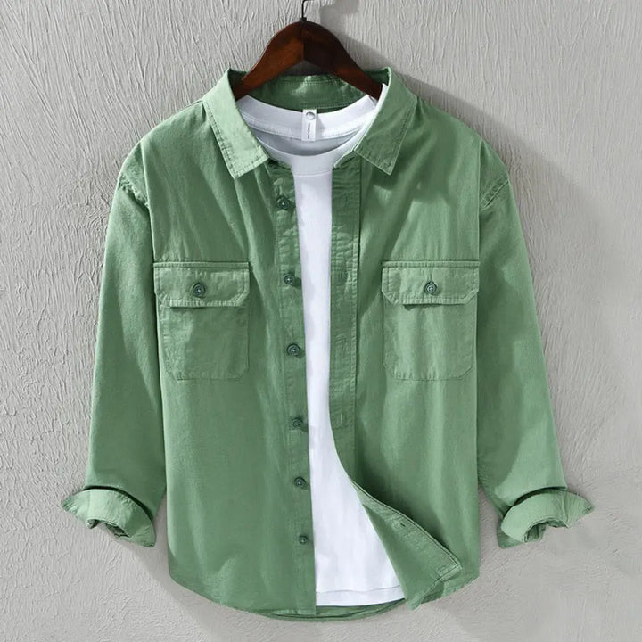 Buddha Stones Men’s Long Sleeve Turn-down Collar With Pocket Pure Color Casual Cotton Shirt - MediumSeaGreen
