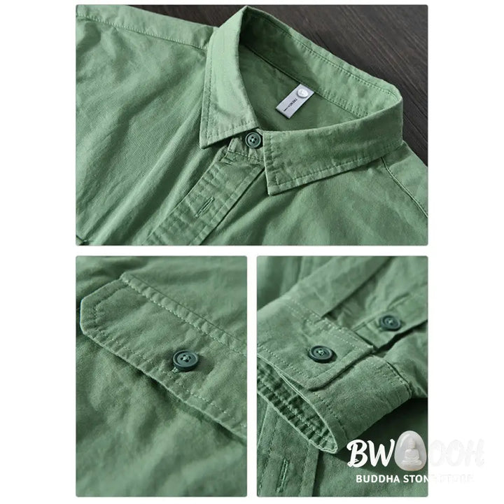Buddha Stones Men’s Long Sleeve Turn-down Collar With Pocket Pure Color Casual Cotton Shirt - Men’s Shirts