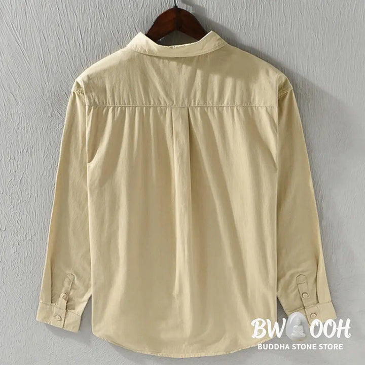 Buddha Stones Men’s Long Sleeve Turn-down Collar With Pocket Pure Color Casual Cotton Shirt - Men’s Shirts