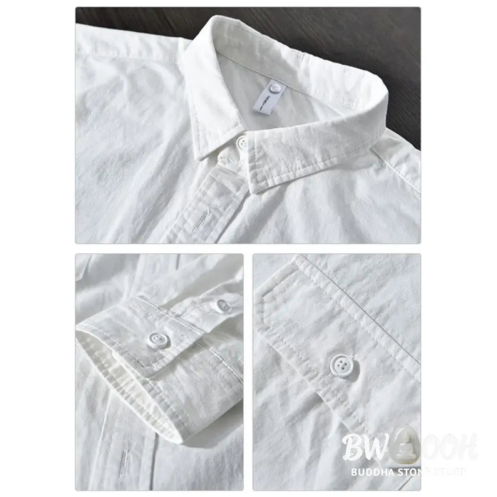 Buddha Stones Men’s Long Sleeve Turn-down Collar With Pocket Pure Color Casual Cotton Shirt - Men’s Shirts