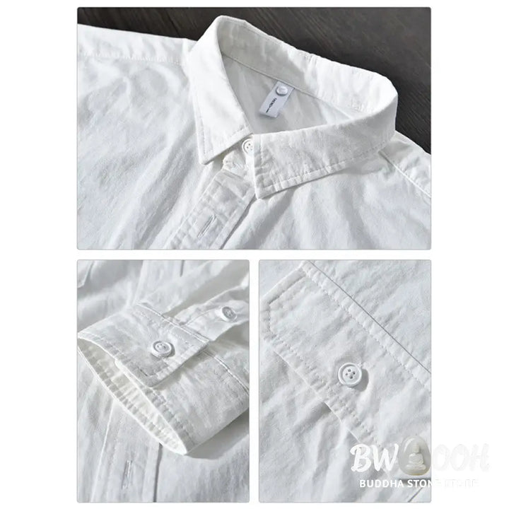 Buddha Stones Men’s Long Sleeve Turn-down Collar With Pocket Pure Color Casual Cotton Shirt - Men’s Shirts