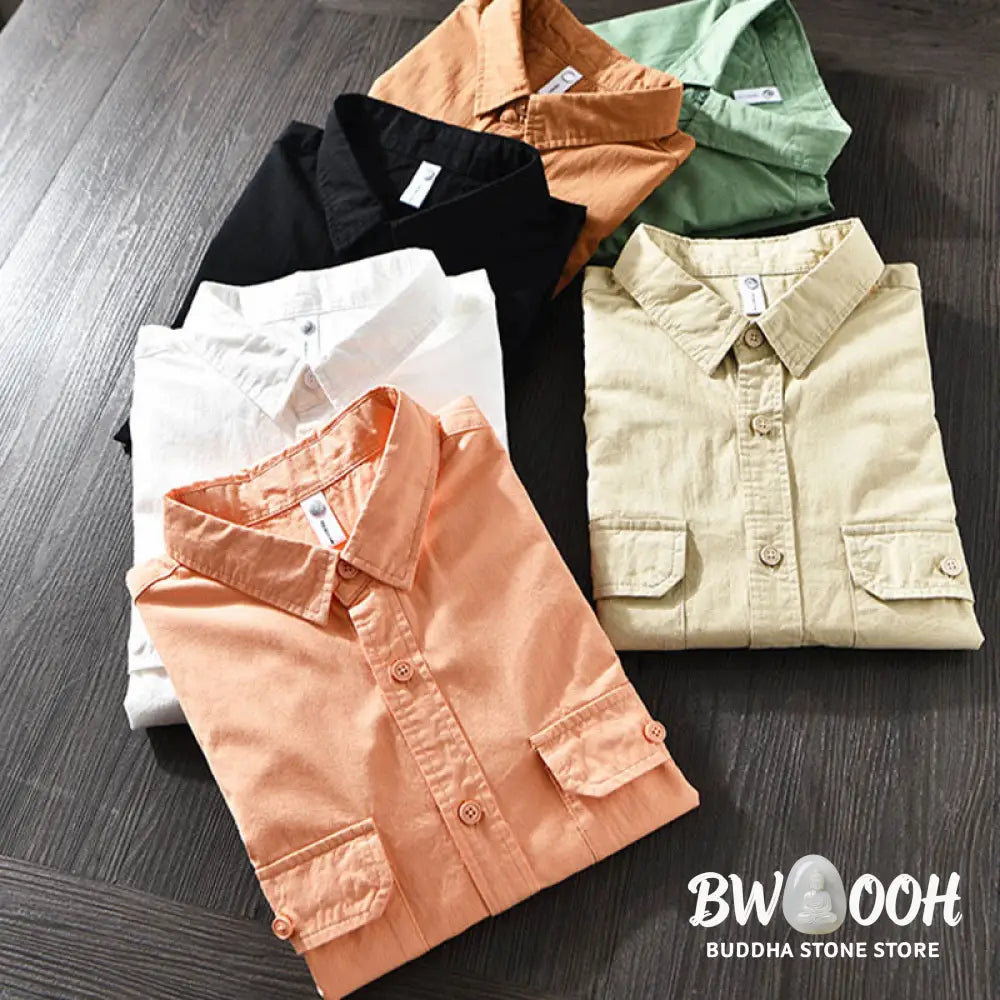 Buddha Stones Men’s Long Sleeve Turn-down Collar With Pocket Pure Color Casual Cotton Shirt - Men’s Shirts
