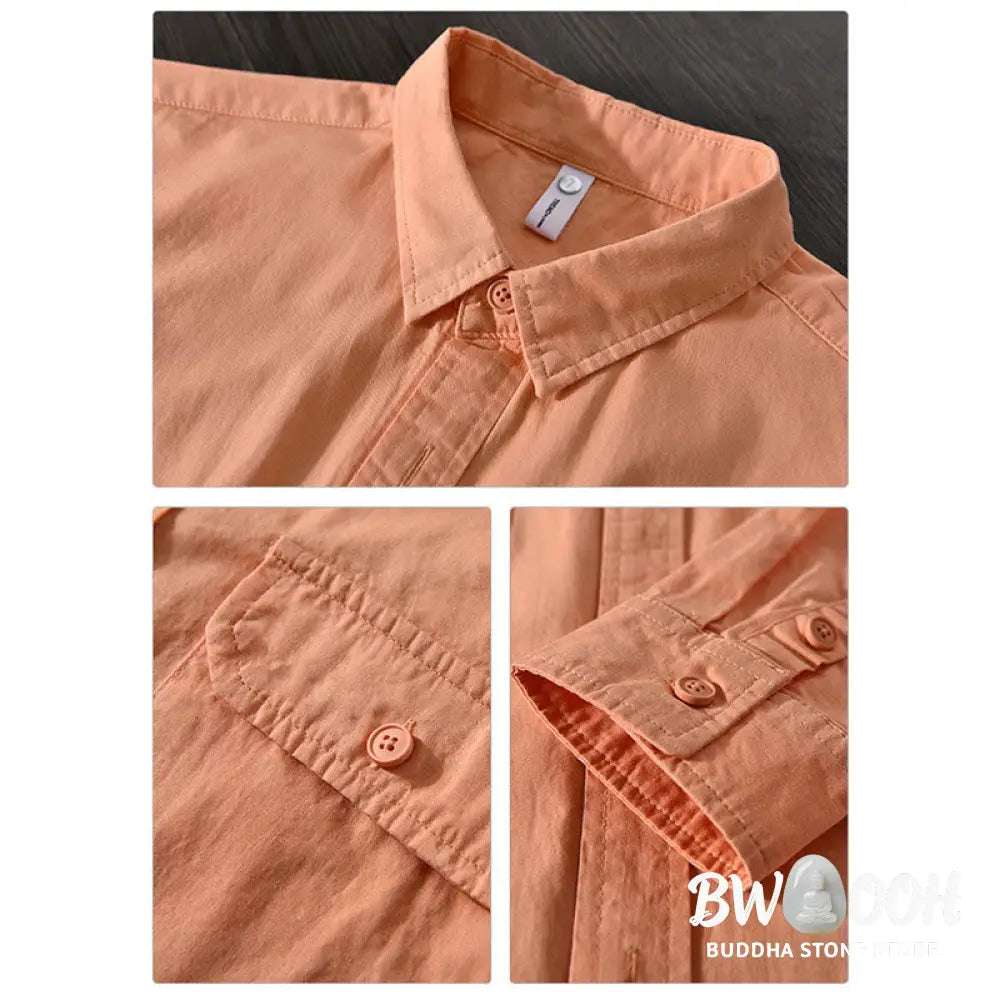 Buddha Stones Men’s Long Sleeve Turn-down Collar With Pocket Pure Color Casual Cotton Shirt - Men’s Shirts