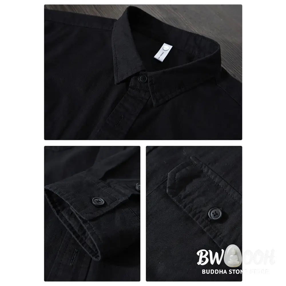 Buddha Stones Men’s Long Sleeve Turn-down Collar With Pocket Pure Color Casual Cotton Shirt - Men’s Shirts