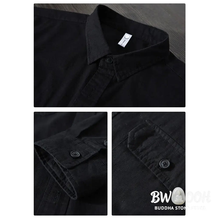 Buddha Stones Men’s Long Sleeve Turn-down Collar With Pocket Pure Color Casual Cotton Shirt - Men’s Shirts