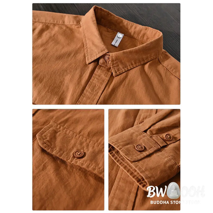 Buddha Stones Men’s Long Sleeve Turn-down Collar With Pocket Pure Color Casual Cotton Shirt - Men’s Shirts