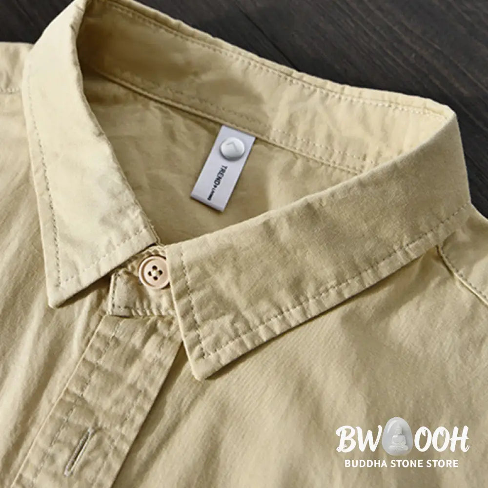 Buddha Stones Men’s Long Sleeve Turn-down Collar With Pocket Pure Color Casual Cotton Shirt - Men’s Shirts