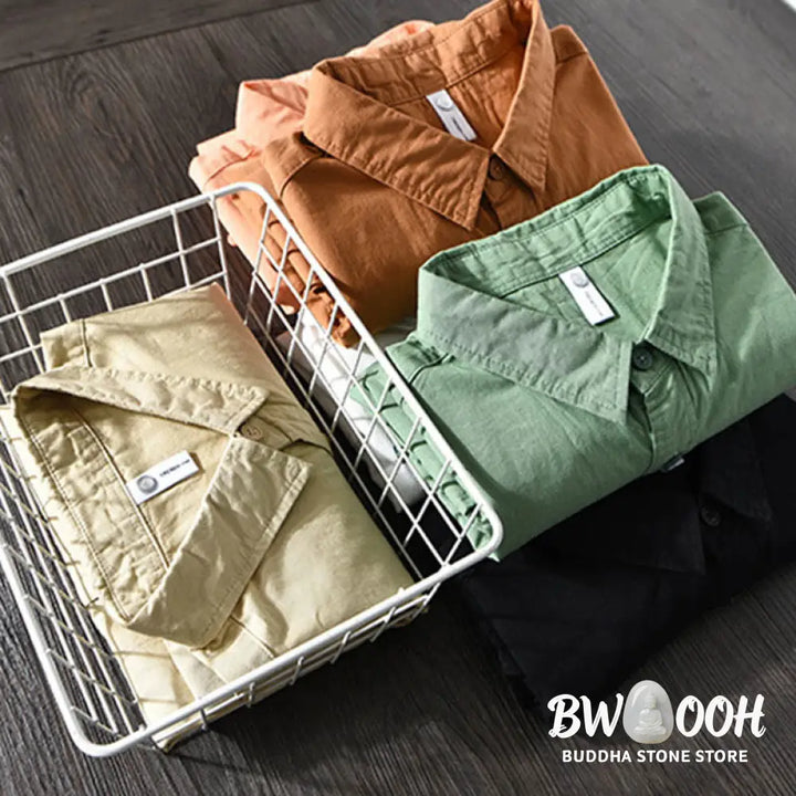 Buddha Stones Men’s Long Sleeve Turn-down Collar With Pocket Pure Color Casual Cotton Shirt - Men’s Shirts
