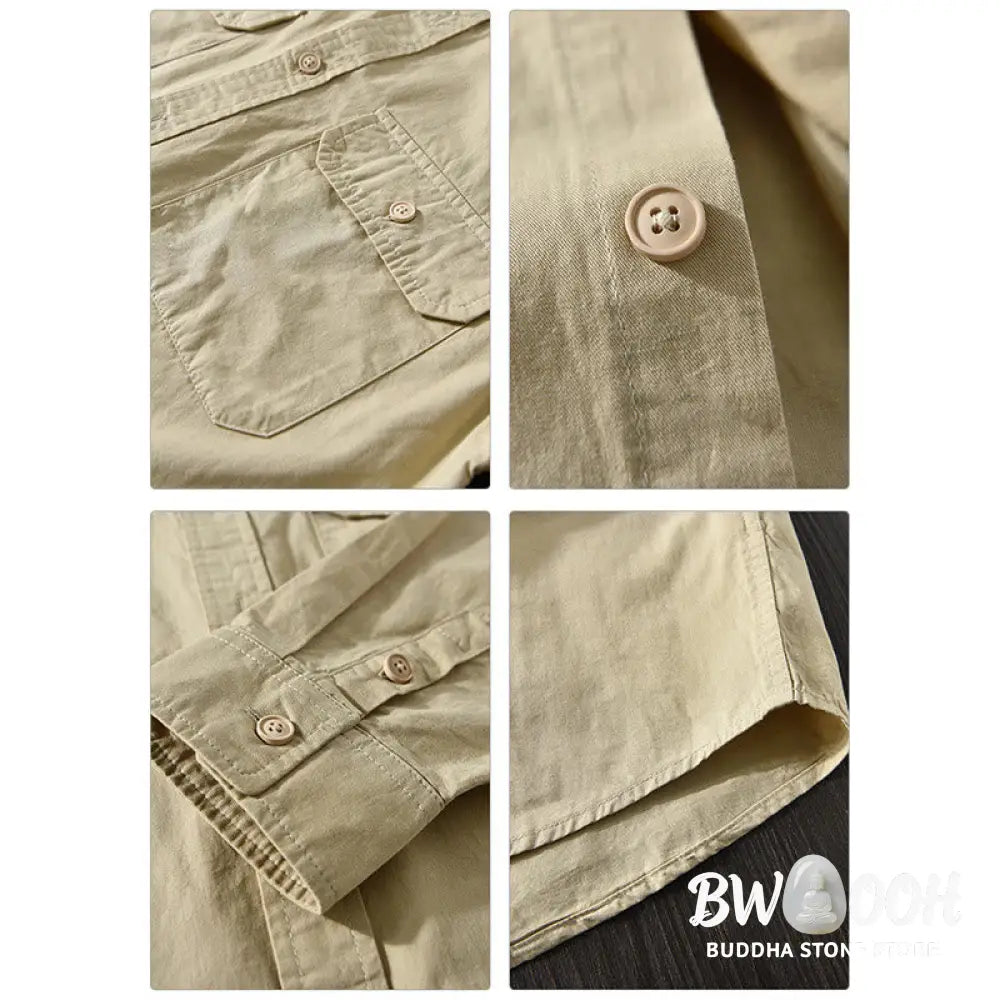 Buddha Stones Men’s Long Sleeve Turn-down Collar With Pocket Pure Color Casual Cotton Shirt - Men’s Shirts