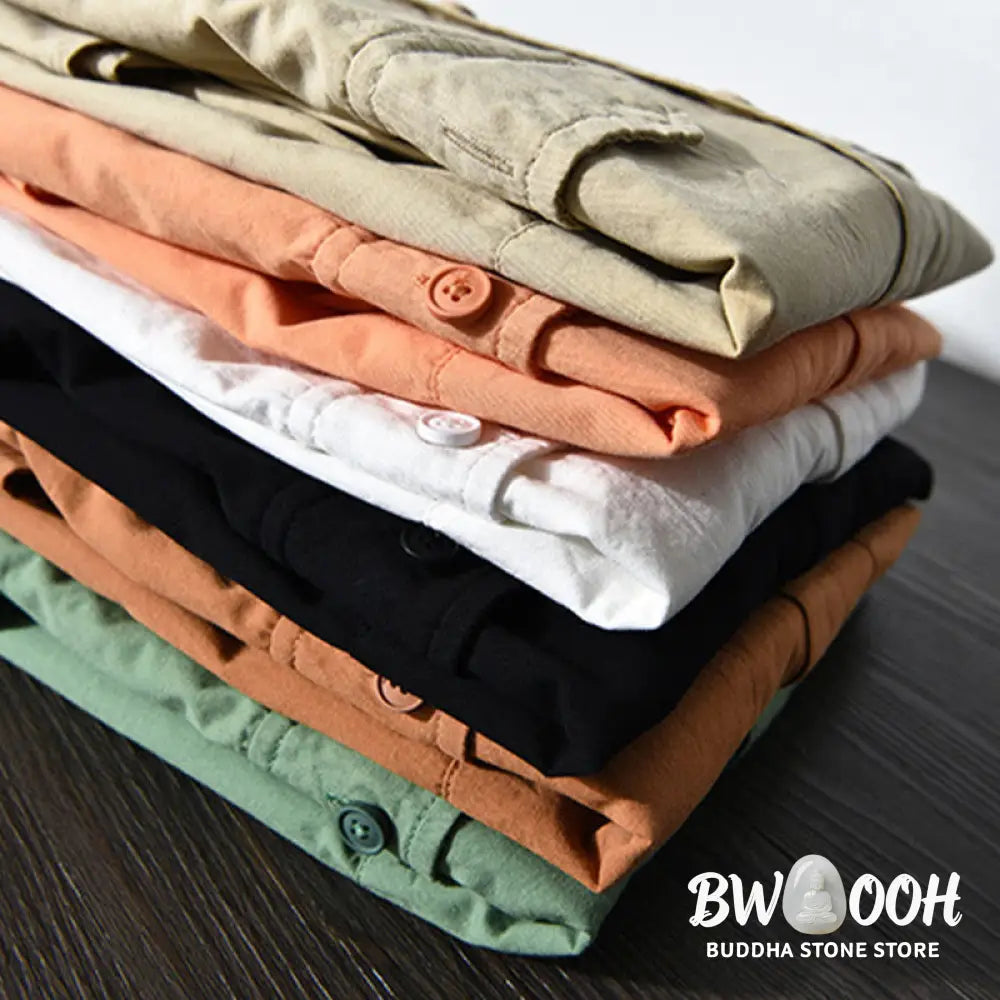 Buddha Stones Men’s Long Sleeve Turn-down Collar With Pocket Pure Color Casual Cotton Shirt - Men’s Shirts