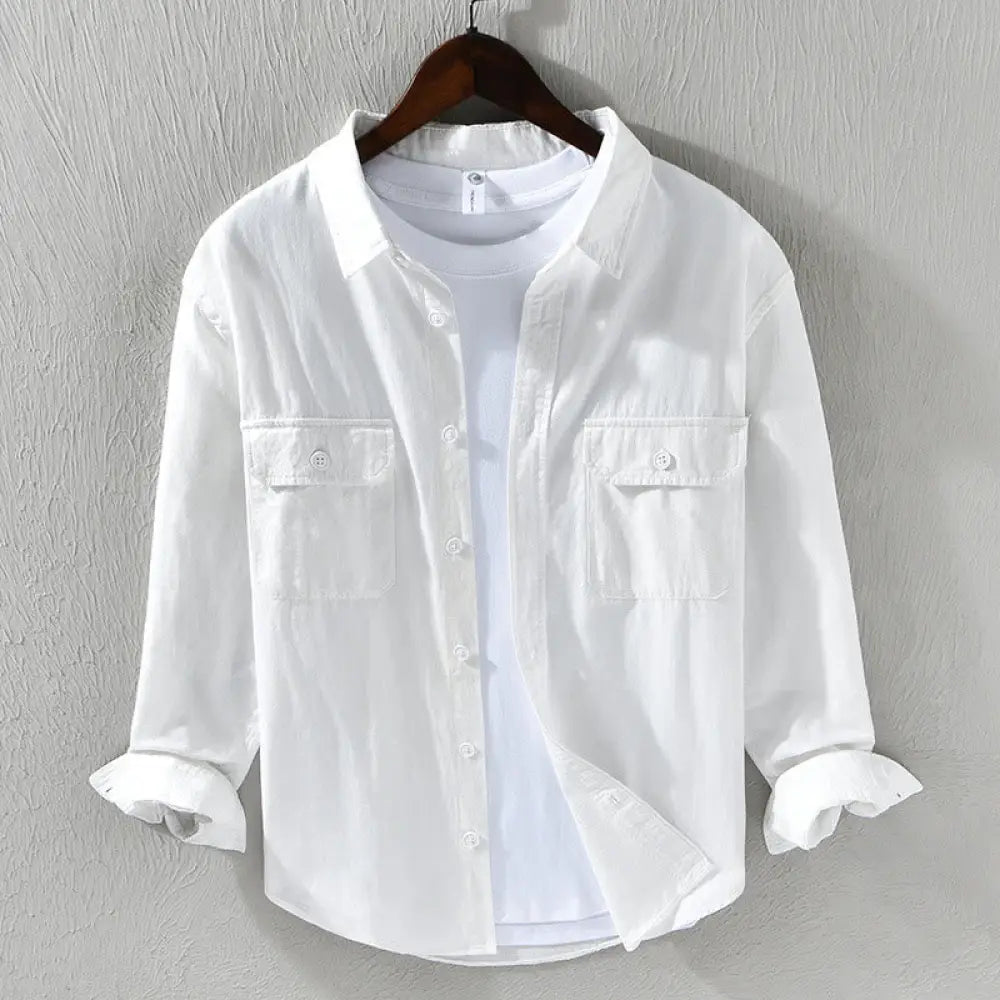Buddha Stones Men’s Long Sleeve Turn-down Collar With Pocket Pure Color Casual Cotton Shirt - White / US/UK/AU34，EU44