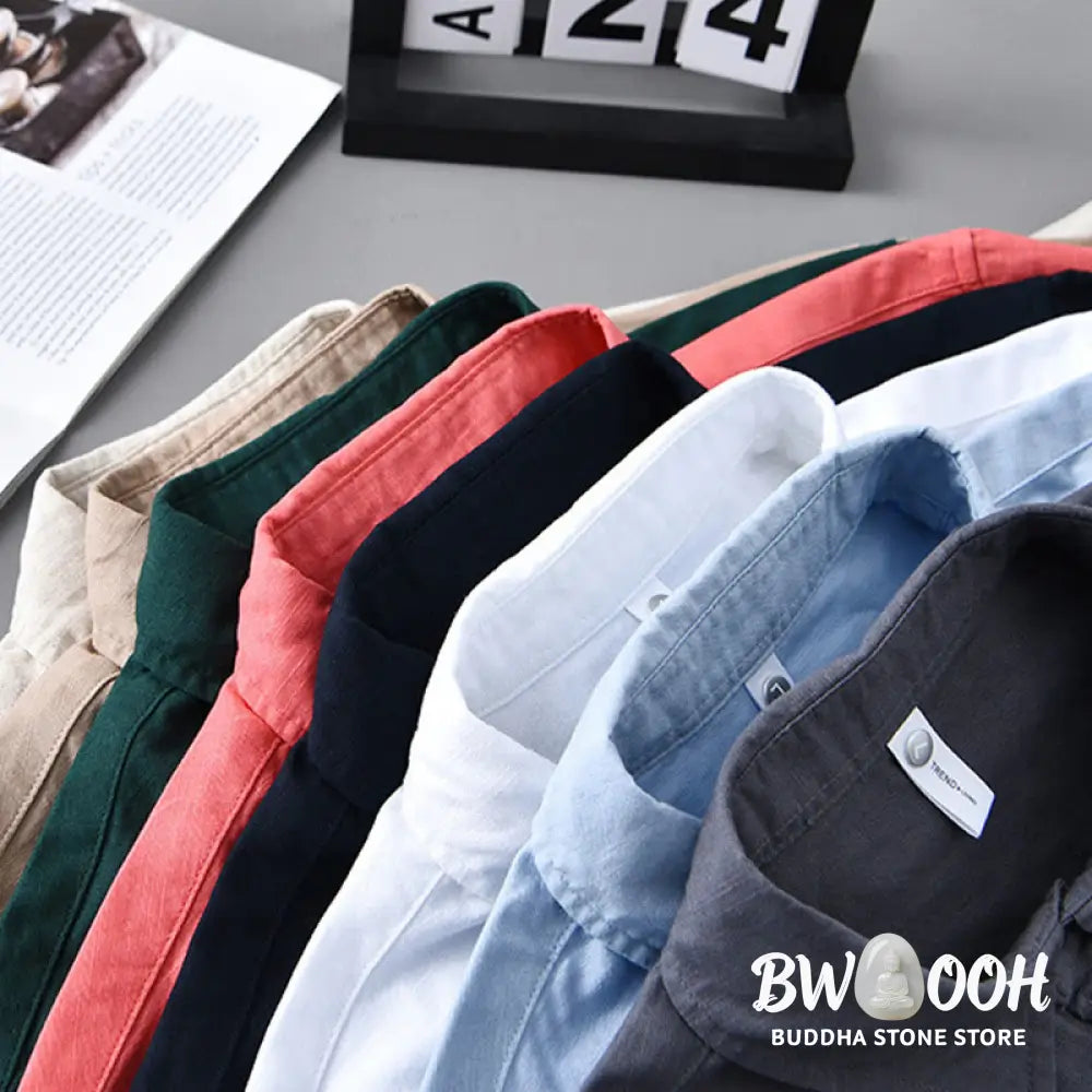 Buddha Stones Men’s Long Sleeve Turn-down Collar With Pocket Pure Color Comfortable Cotton Shirt - Men’s Shirts