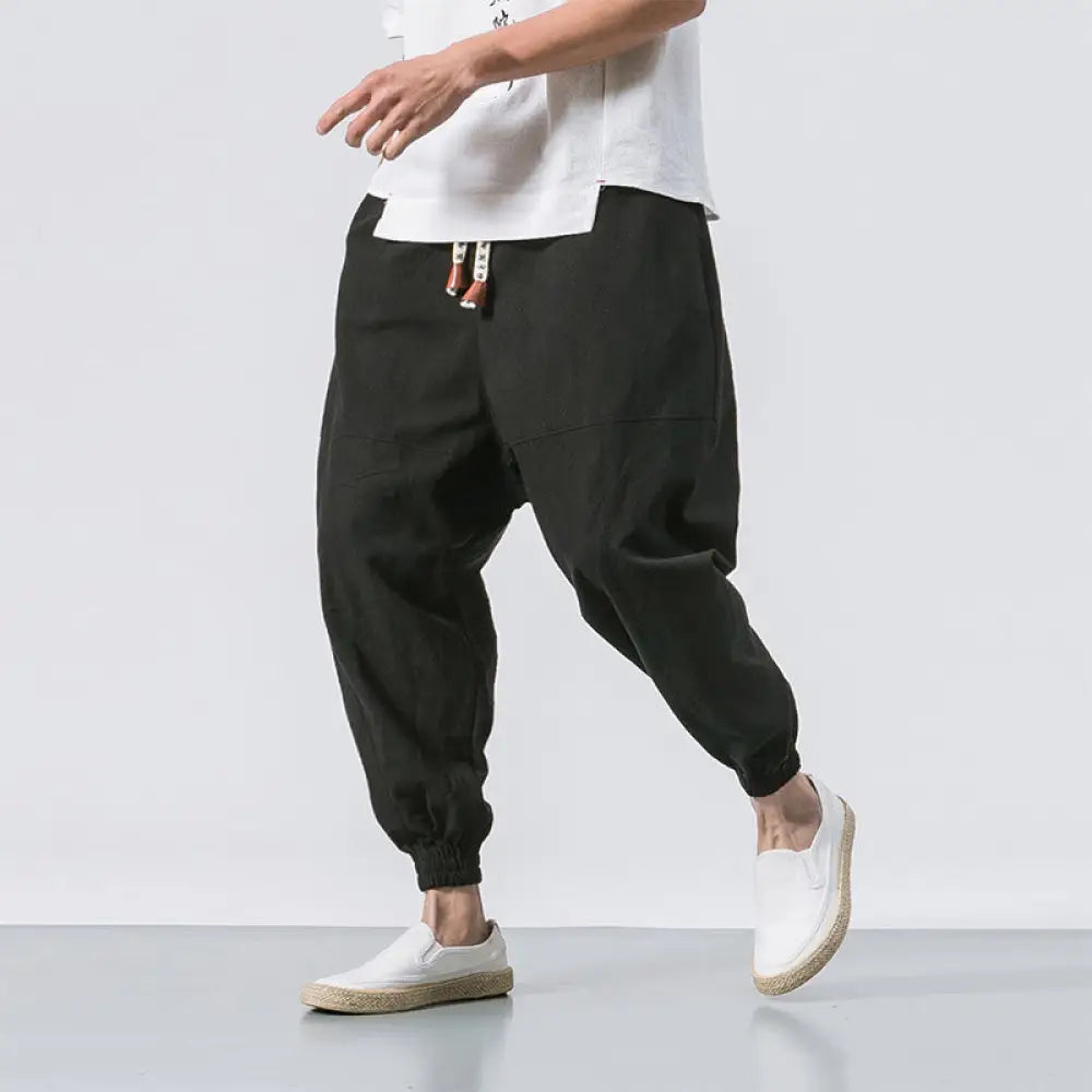 Buddha Stones Men’s Plain Simple Drawstring Design Cotton Harem Pants With Pockets - Black / US/UK/AU36，EU46 (L)