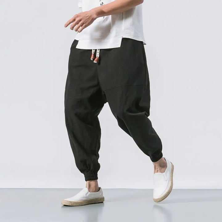 Buddha Stones Men’s Plain Simple Drawstring Design Cotton Harem Pants With Pockets - Black / US/UK/AU36，EU46 (L)