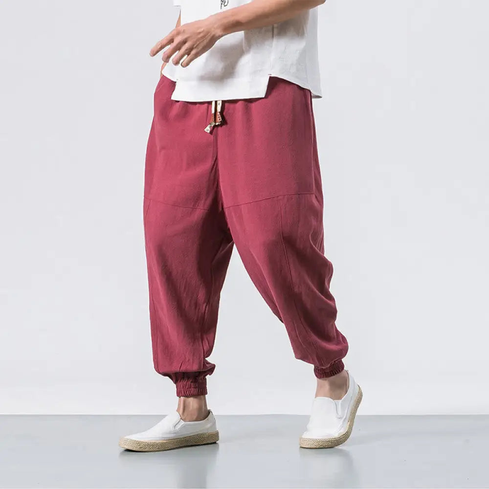 Buddha Stones Men’s Plain Simple Drawstring Design Cotton Harem Pants With Pockets - Crimson / US/UK/AU36，EU46 (L)