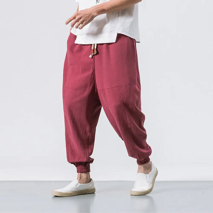 Buddha Stones Men’s Plain Simple Drawstring Design Cotton Harem Pants With Pockets - Crimson / US/UK/AU36，EU46 (L)