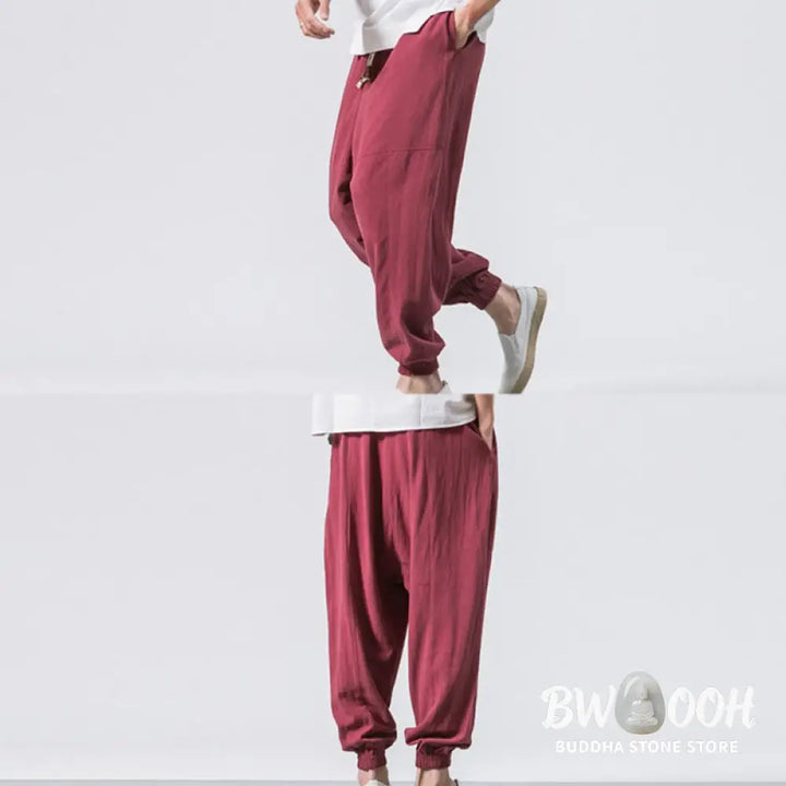 Buddha Stones Men’s Plain Simple Drawstring Design Cotton Harem Pants With Pockets - Men’s Tapered Pants