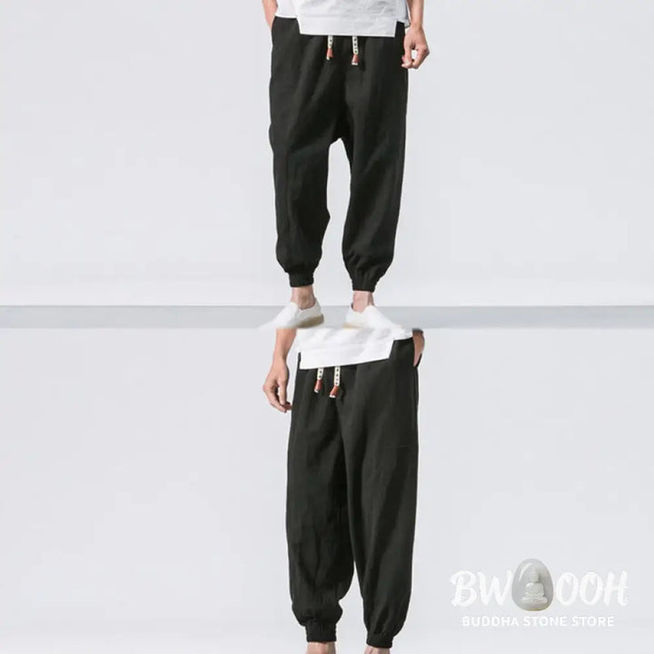 Buddha Stones Men’s Plain Simple Drawstring Design Cotton Harem Pants With Pockets - Men’s Tapered Pants