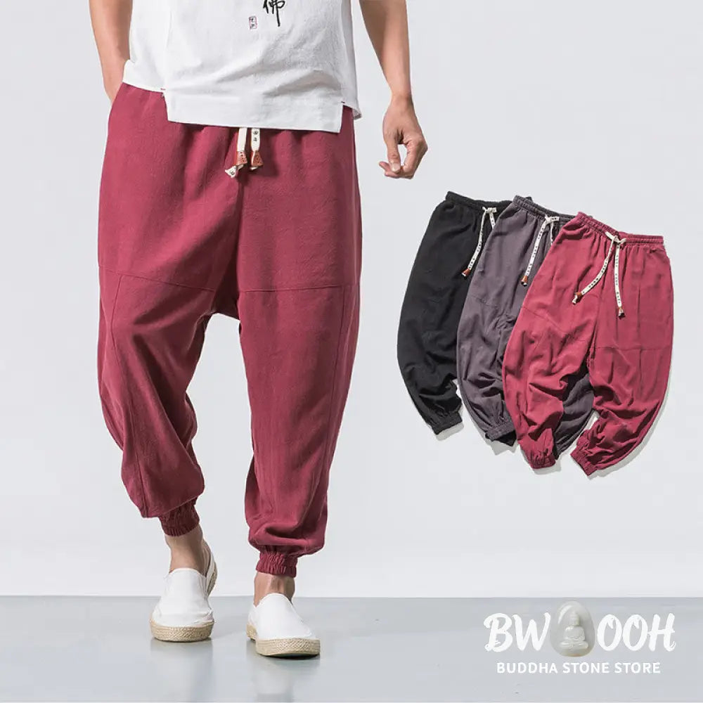 Buddha Stones Men’s Plain Simple Drawstring Design Cotton Harem Pants With Pockets - Men’s Tapered Pants